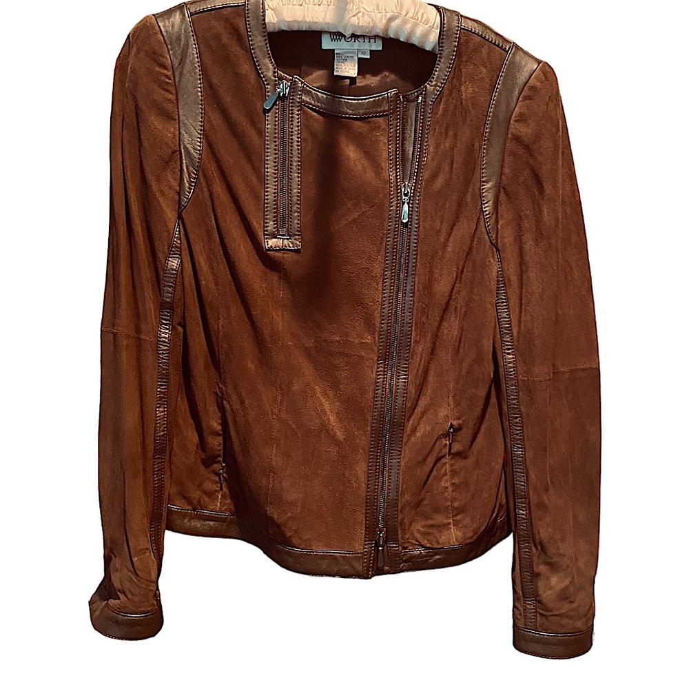 Dark Brown Suede and Leather Jacket by Worth. Size 10.